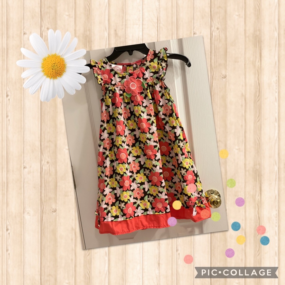 In EUC.  Appliqués of flowers.  Cute bows on each bottom end.  Back buttons up